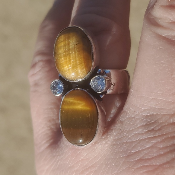 New Tiger Eye and White Topaz 925 Silver Statement Ring. - Picture 7 of 12
